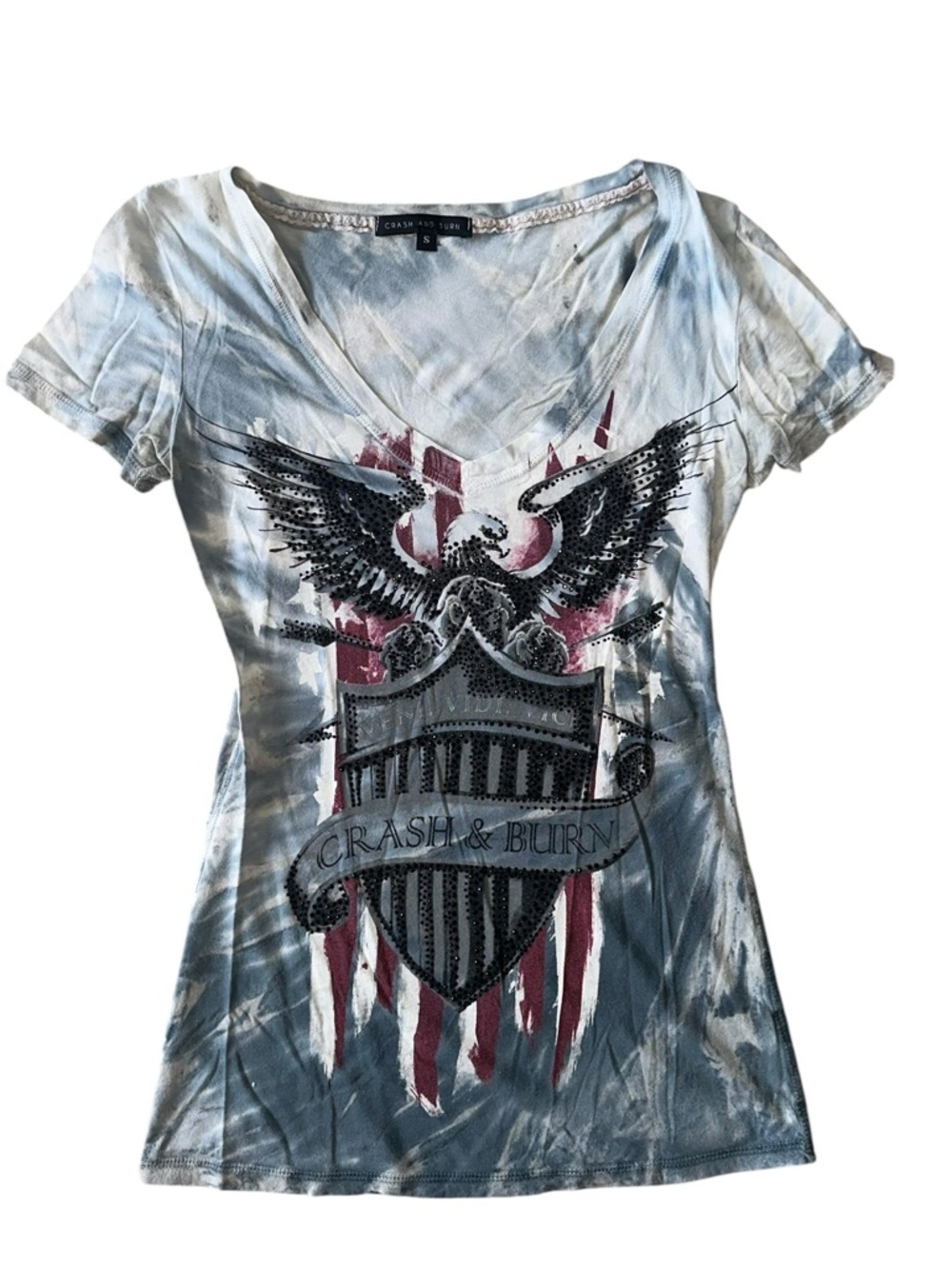 Crash & Burn Women's Light Blue Tie-Dye V-Neck Tee with Eagle Graphic